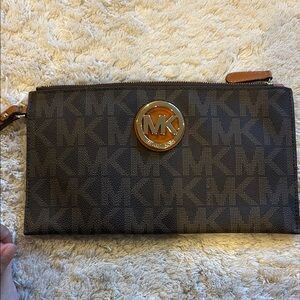 Michael Kors Signature Dark Brown Logo Wristlet with Gold Hardware